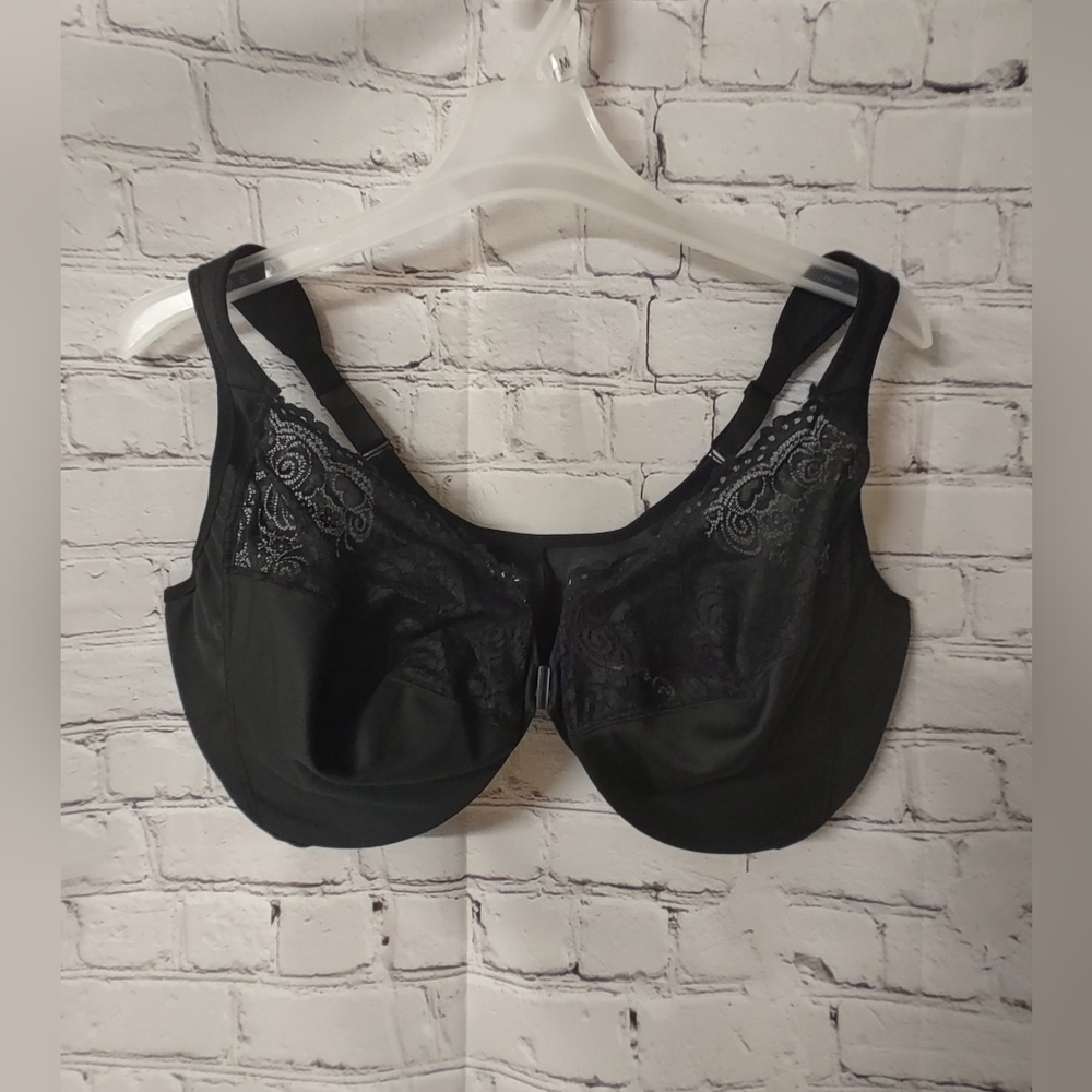 Glamorise Bra Wonderwire Black Lace Front Closure Underwire Bra 48G